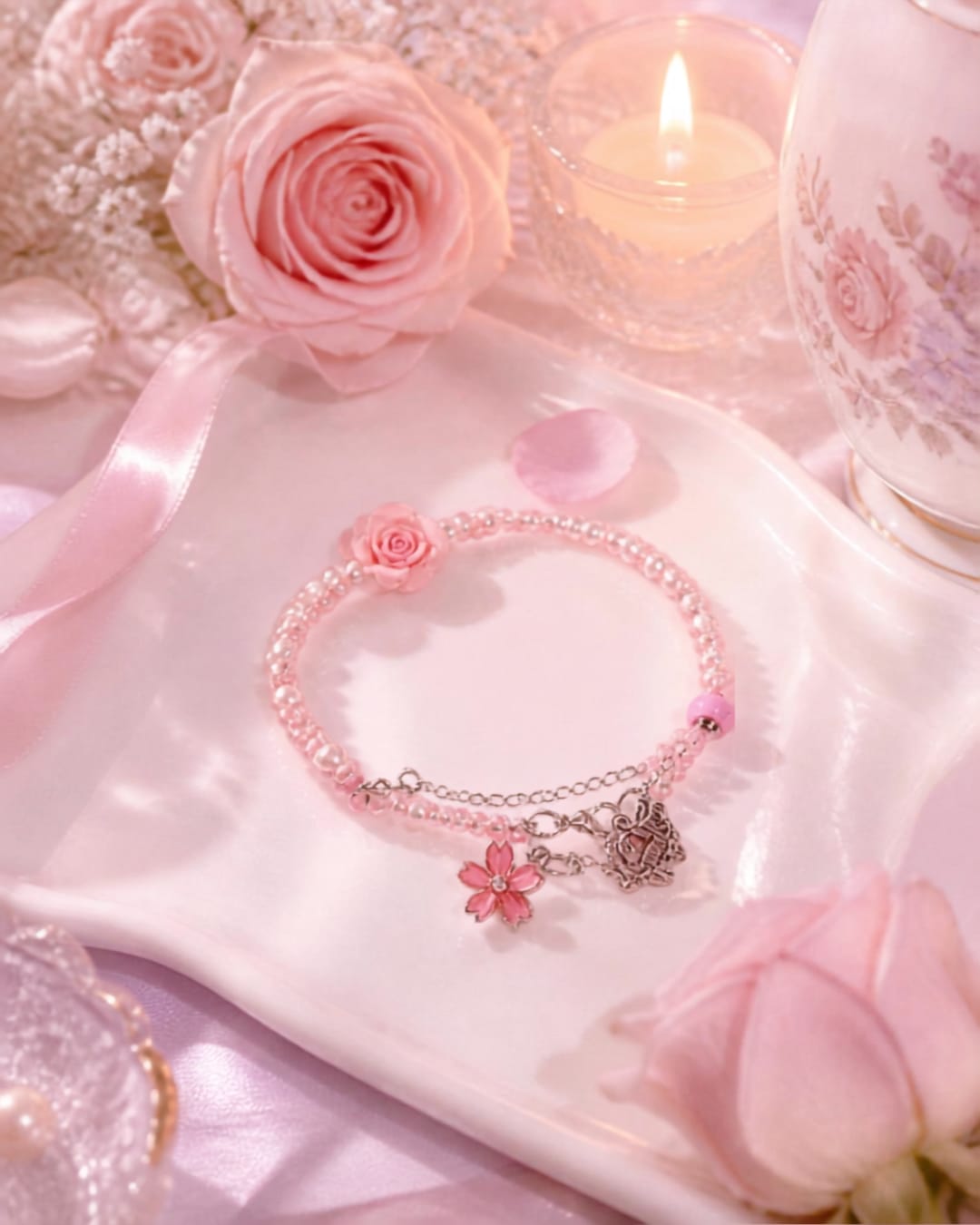 Bracelet Rose Fleuri – Bijou artisanal à breloques