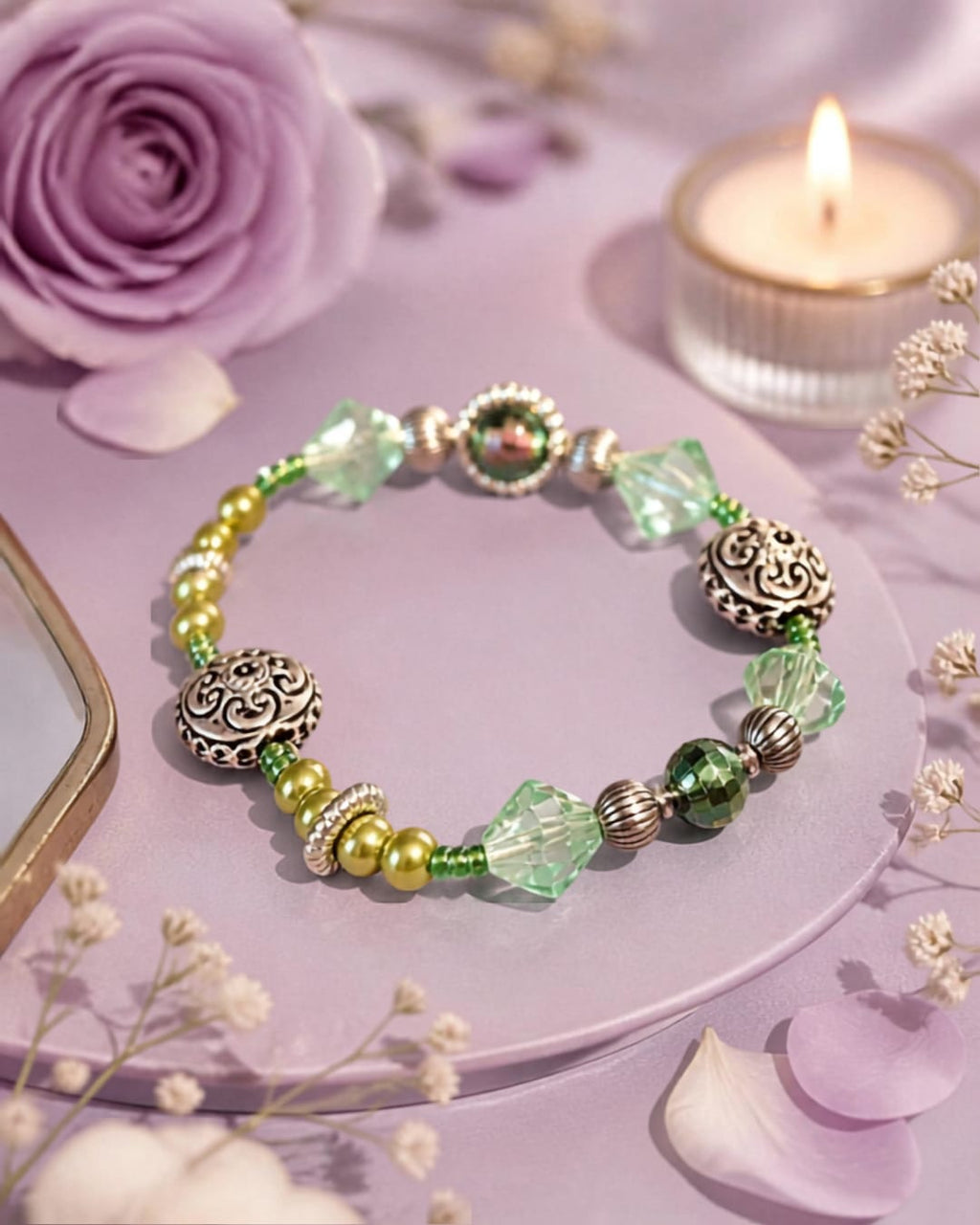 Bracelet artisanal en perles au nuances vertes- Maison