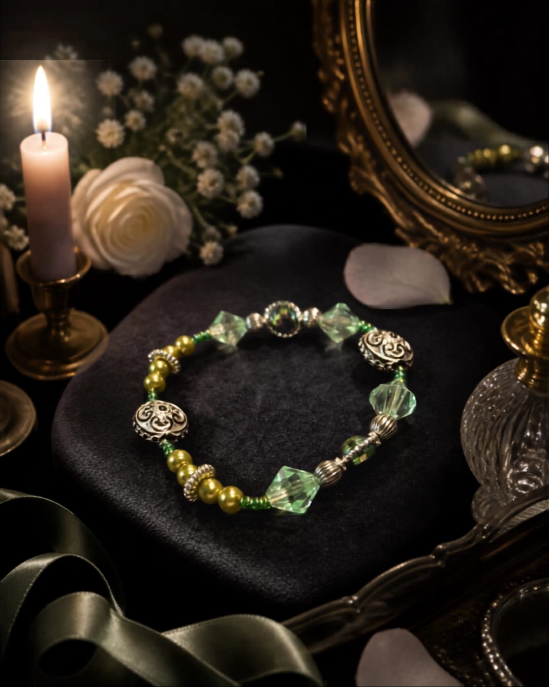 Bracelet artisanal en perles au nuances vertes- Maison