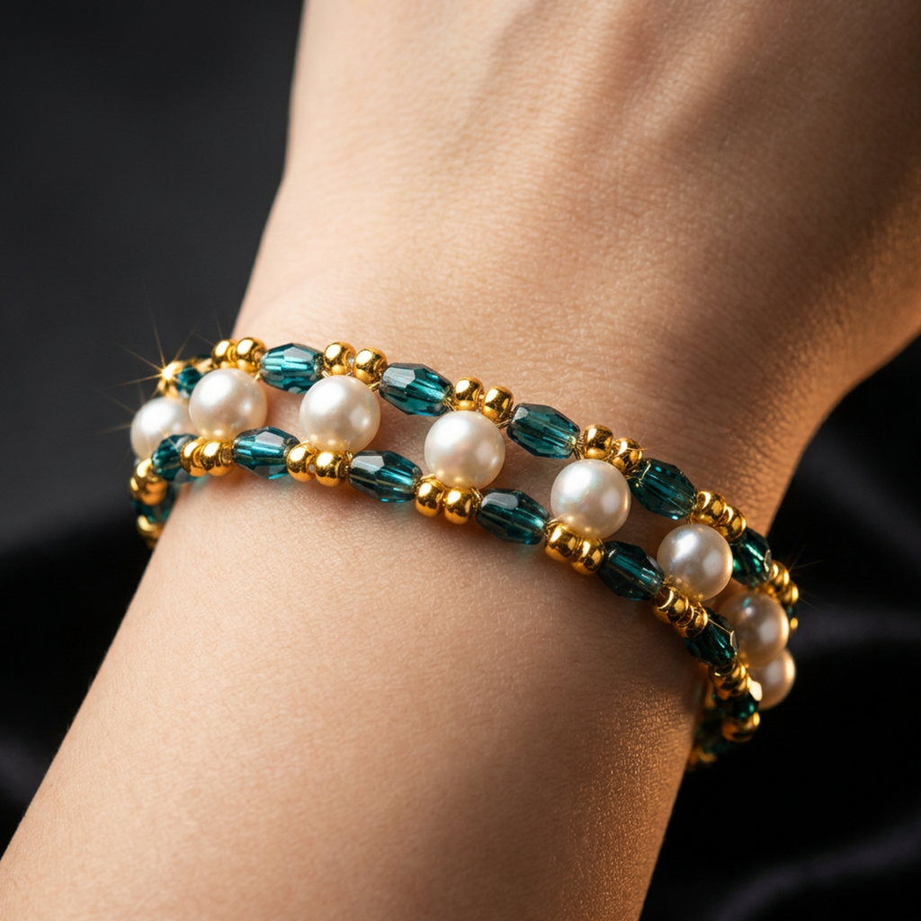 Bracelet artisanal en perles au nuances vertes- Maison