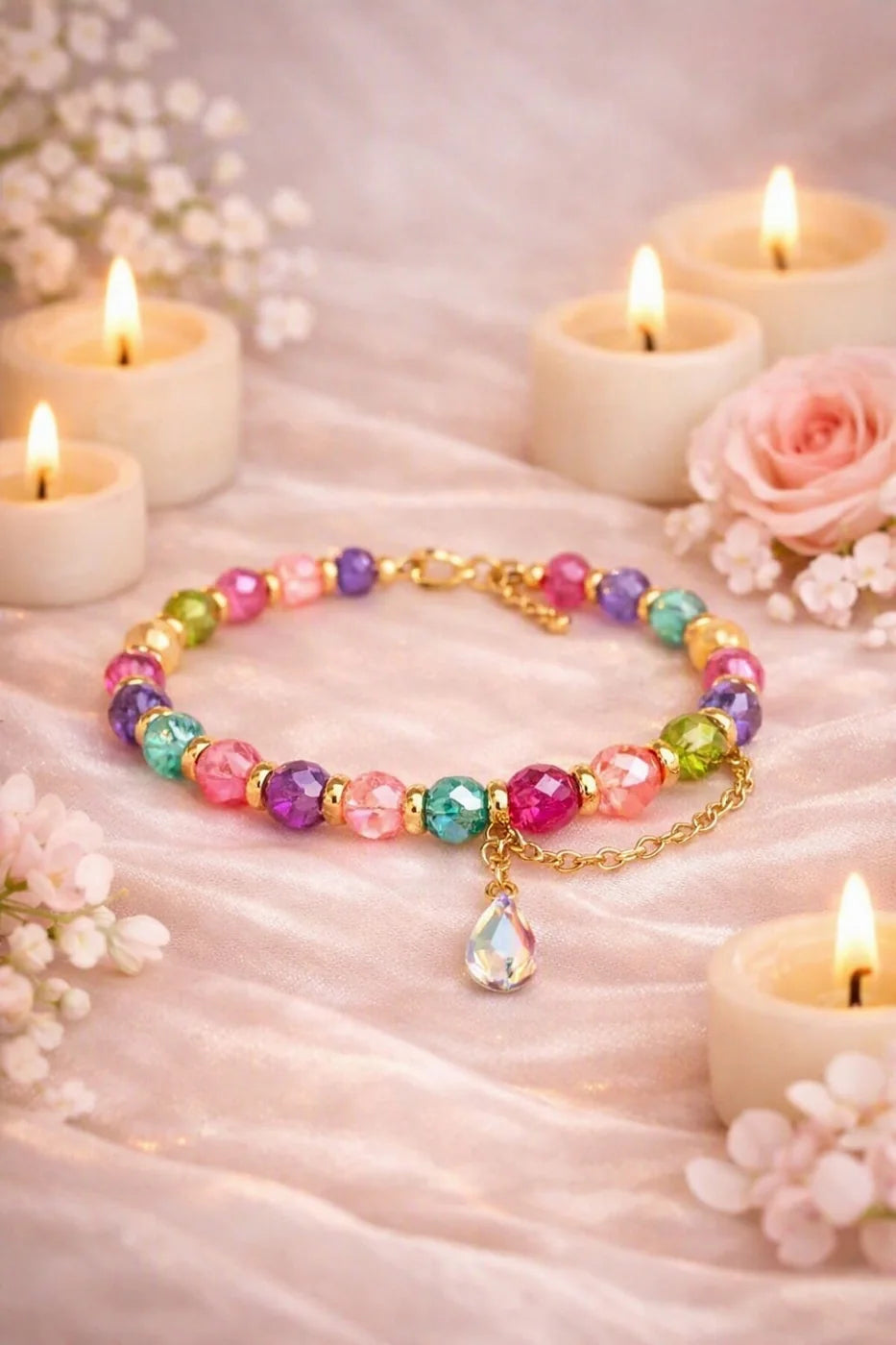 Bracelet multicolore en perles facettées – Goutte irisée